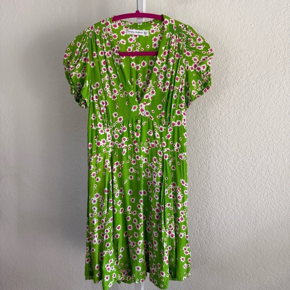 Faithfull the Brand Green Floral Mini Dress with Pink and White Flowers